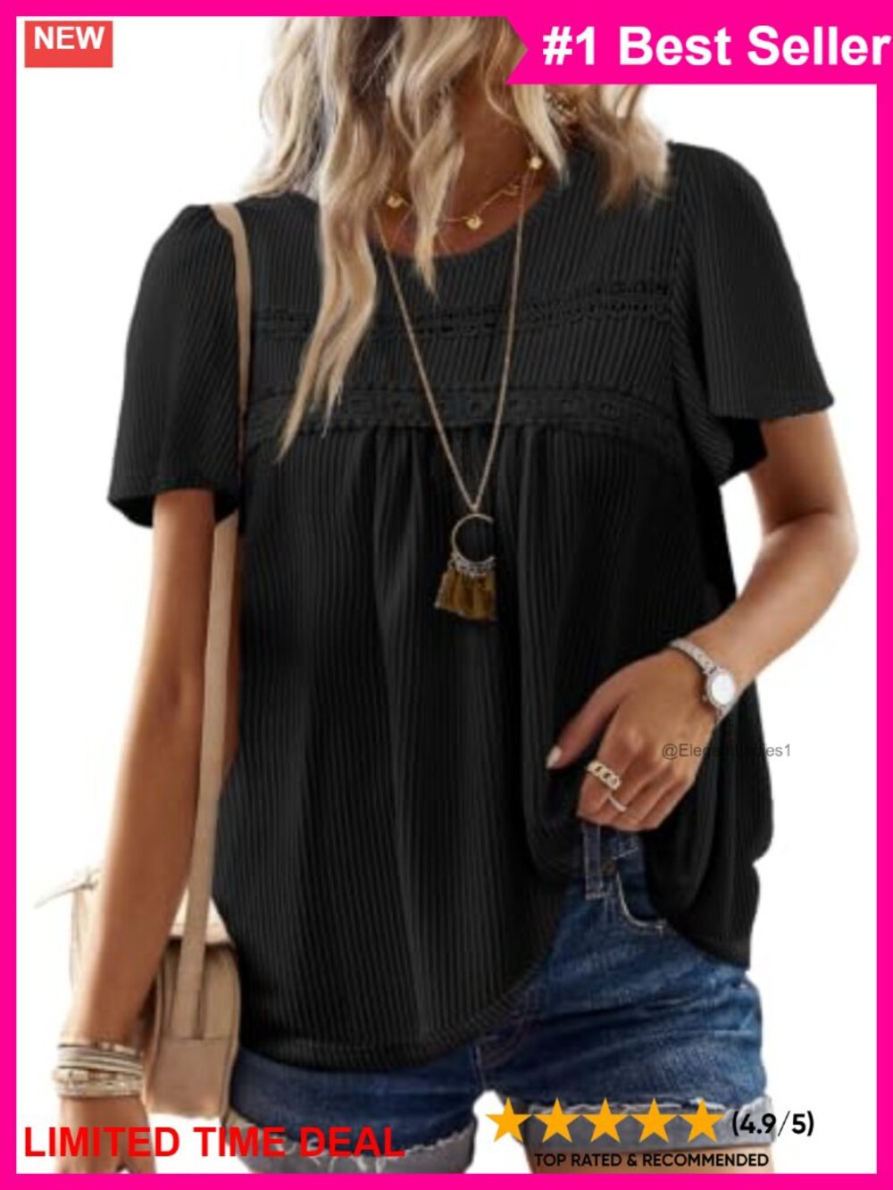 Womens Boho Ribbed Crochet Short Sleeve Top Loose Fit Casual